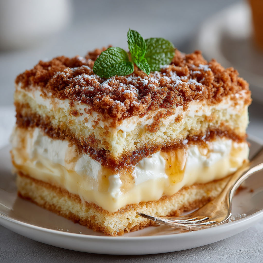 A slice of cake with a green leaf on top.