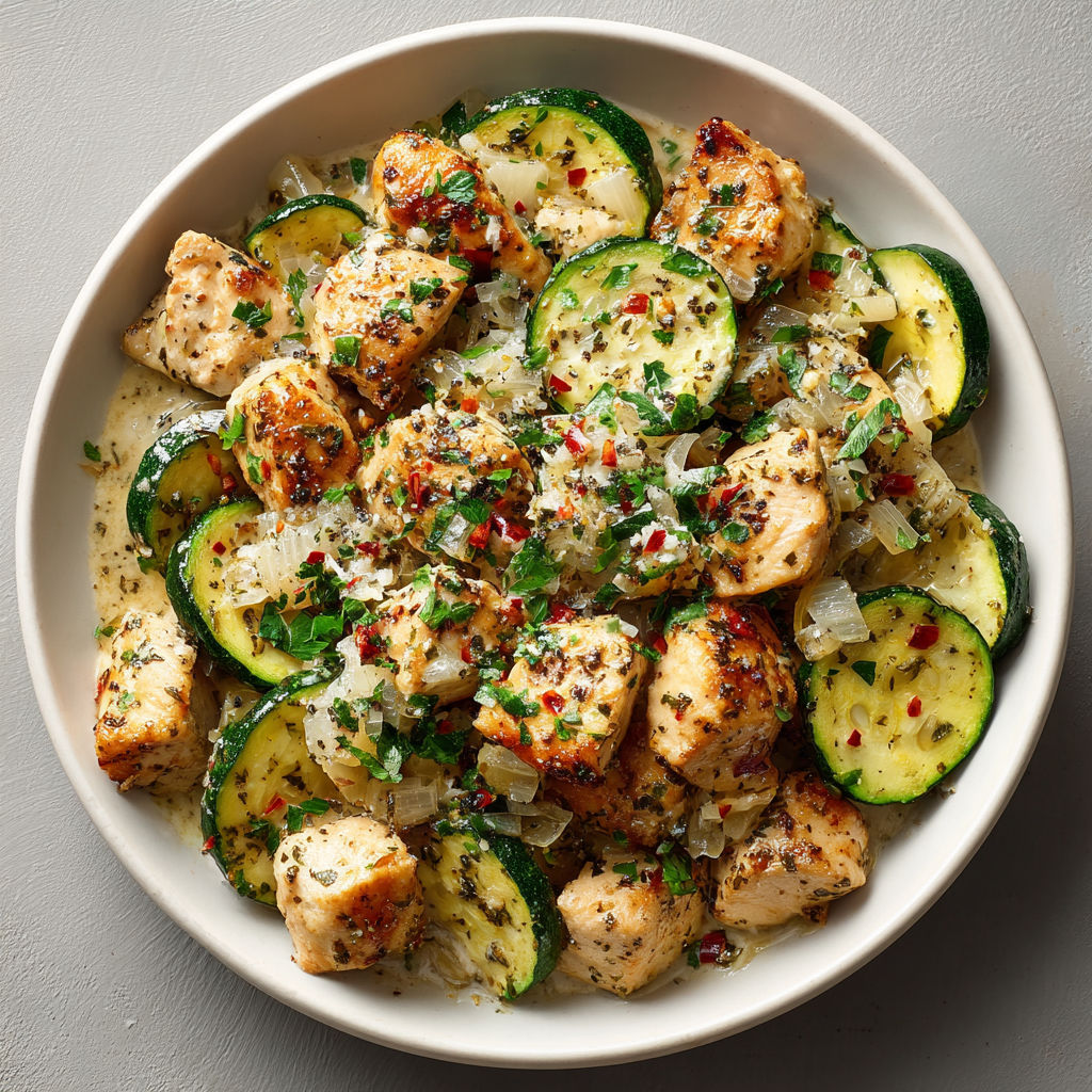 A bowl of chicken and zucchini.