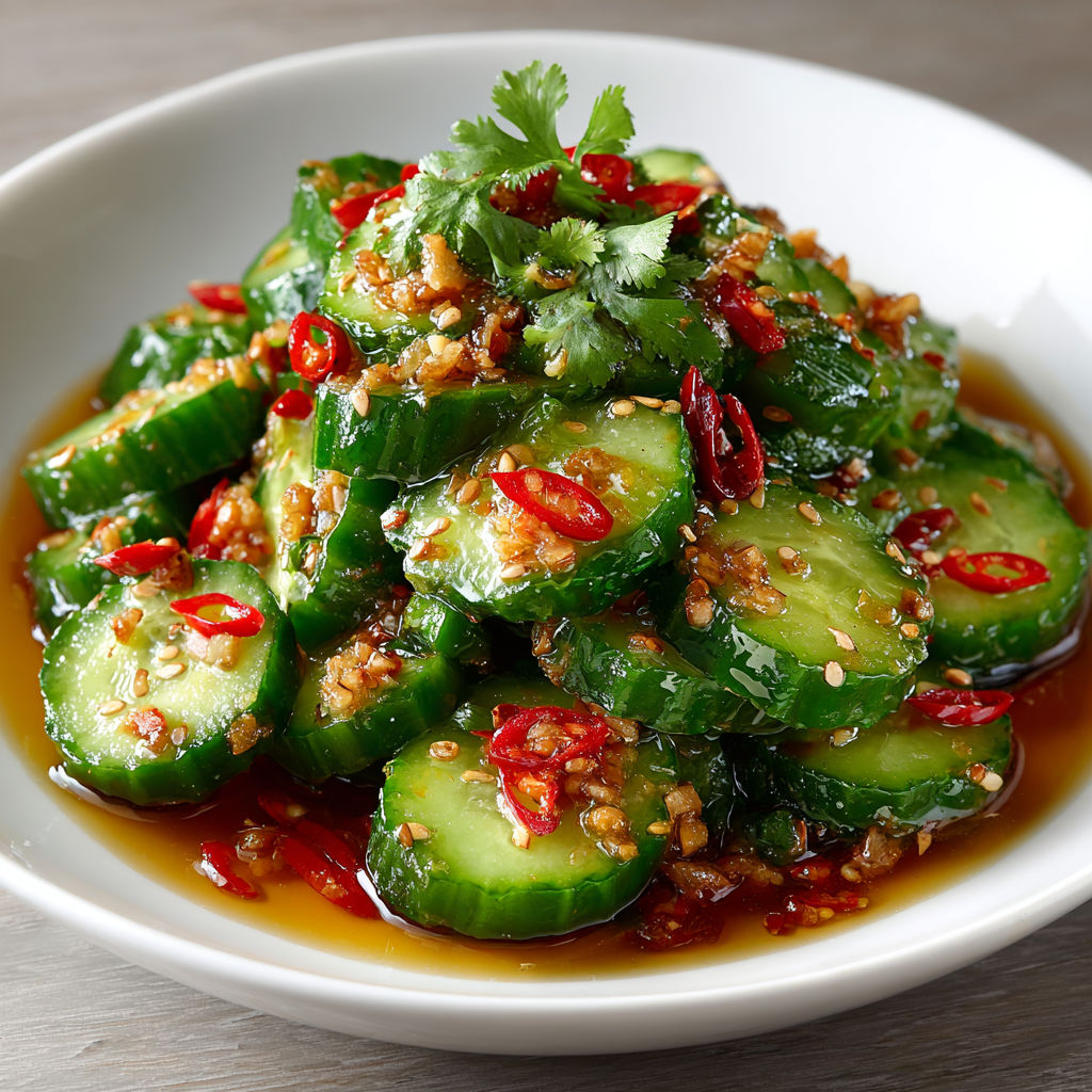 A bowl of green vegetables with red peppers and sesame seeds.