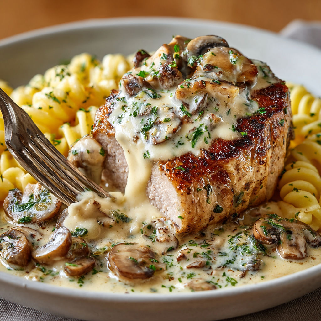 A plate of food with mushrooms and noodles.