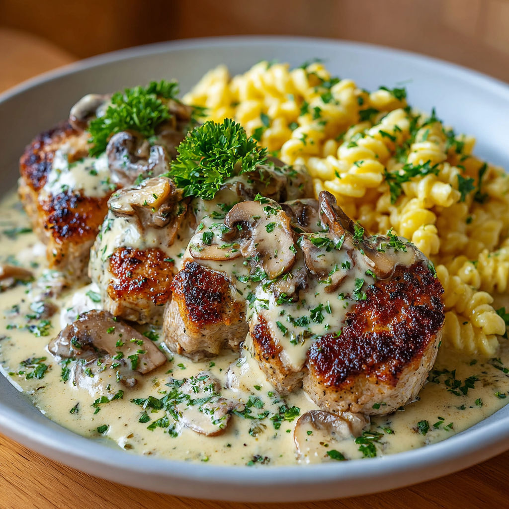 A plate of food with meat, mushrooms, and pasta.