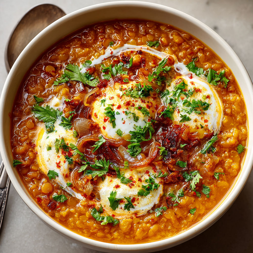 A bowl of soup with eggs and onions.