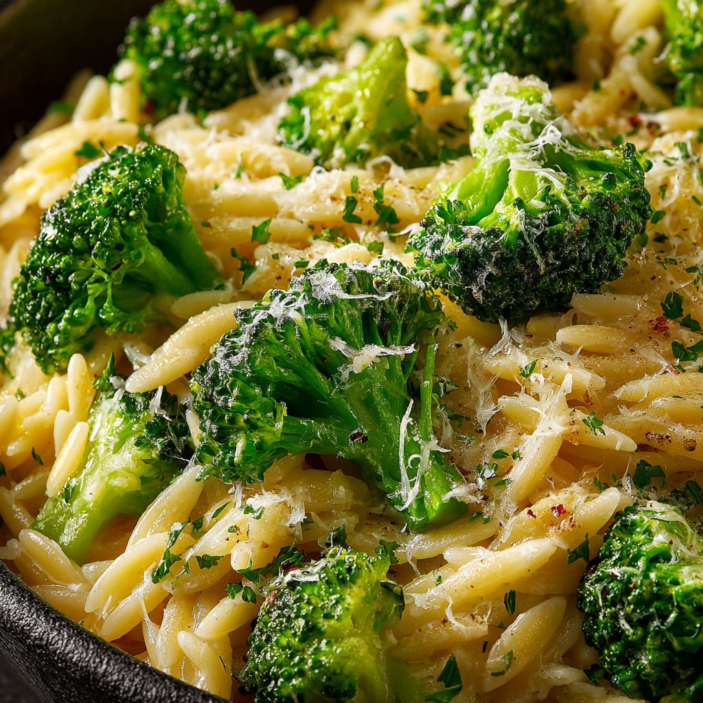 A bowl of creamy broccoli and orzo.