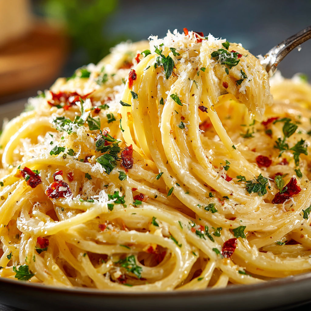 A plate of pasta with Parmesan cheese and herbs.