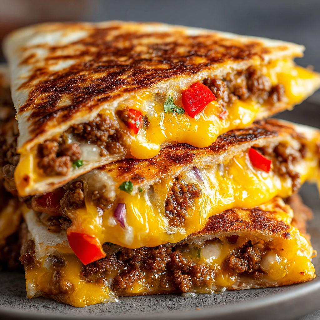 A close up of a quesadilla with cheese and peppers.