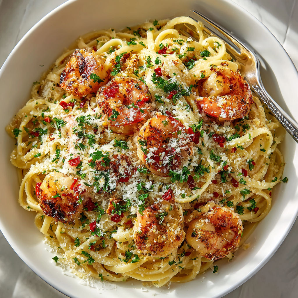 A bowl of pasta with shrimp and cheese.