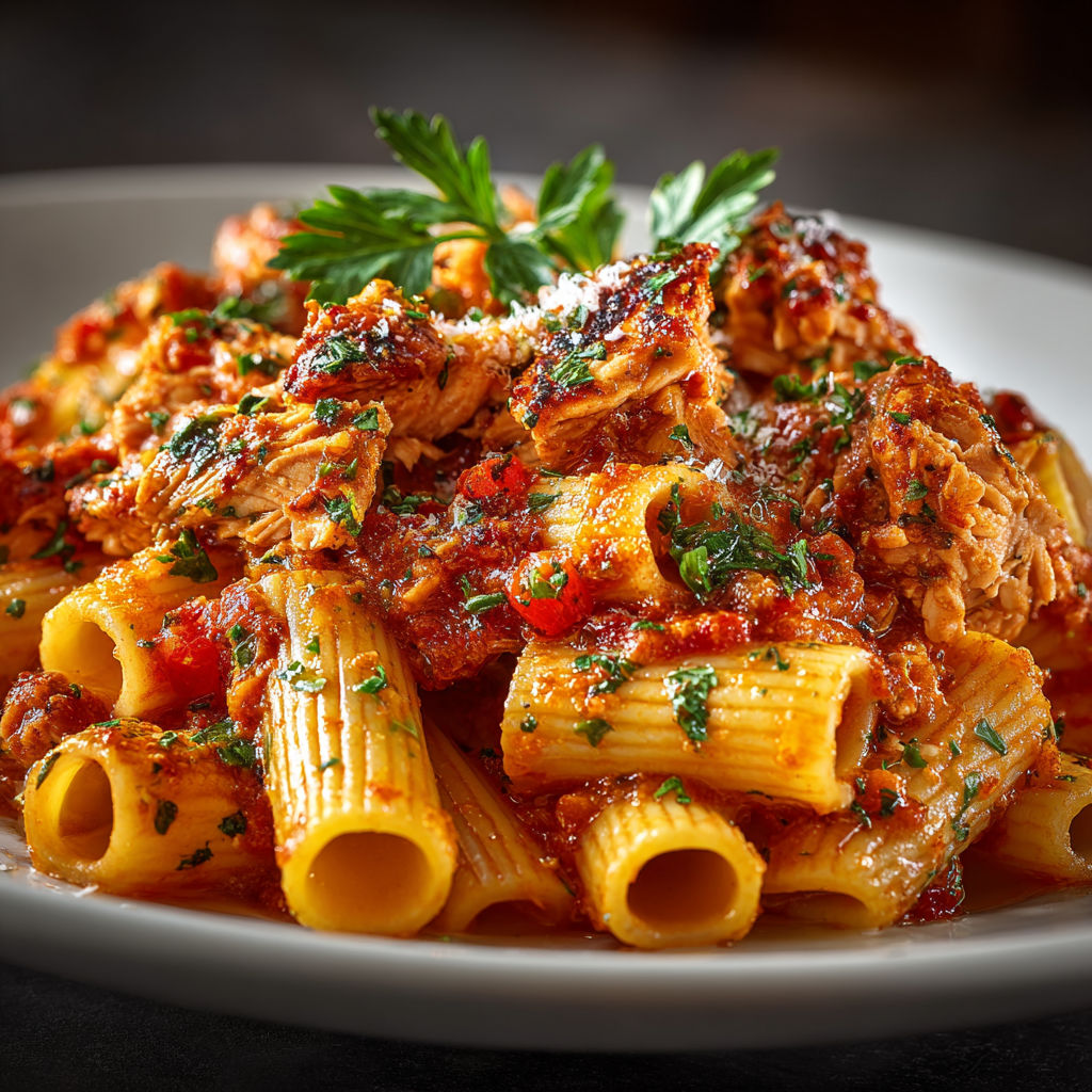 A plate of pasta with chicken sauce.