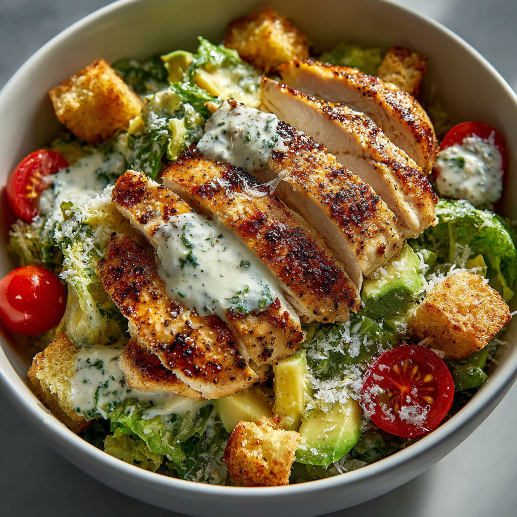 A bowl of chicken Caesar salad.