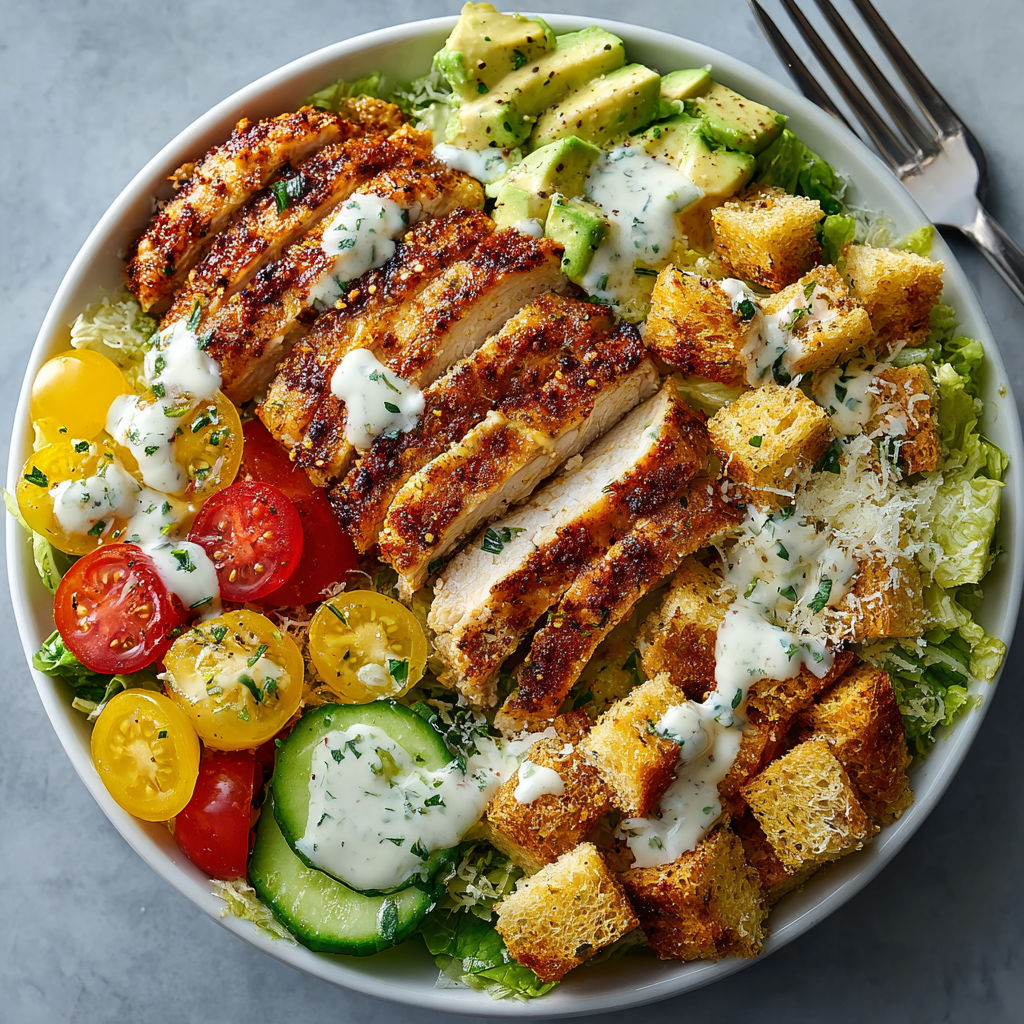 A bowl of food with chicken, tomatoes, cucumbers, and avocado.