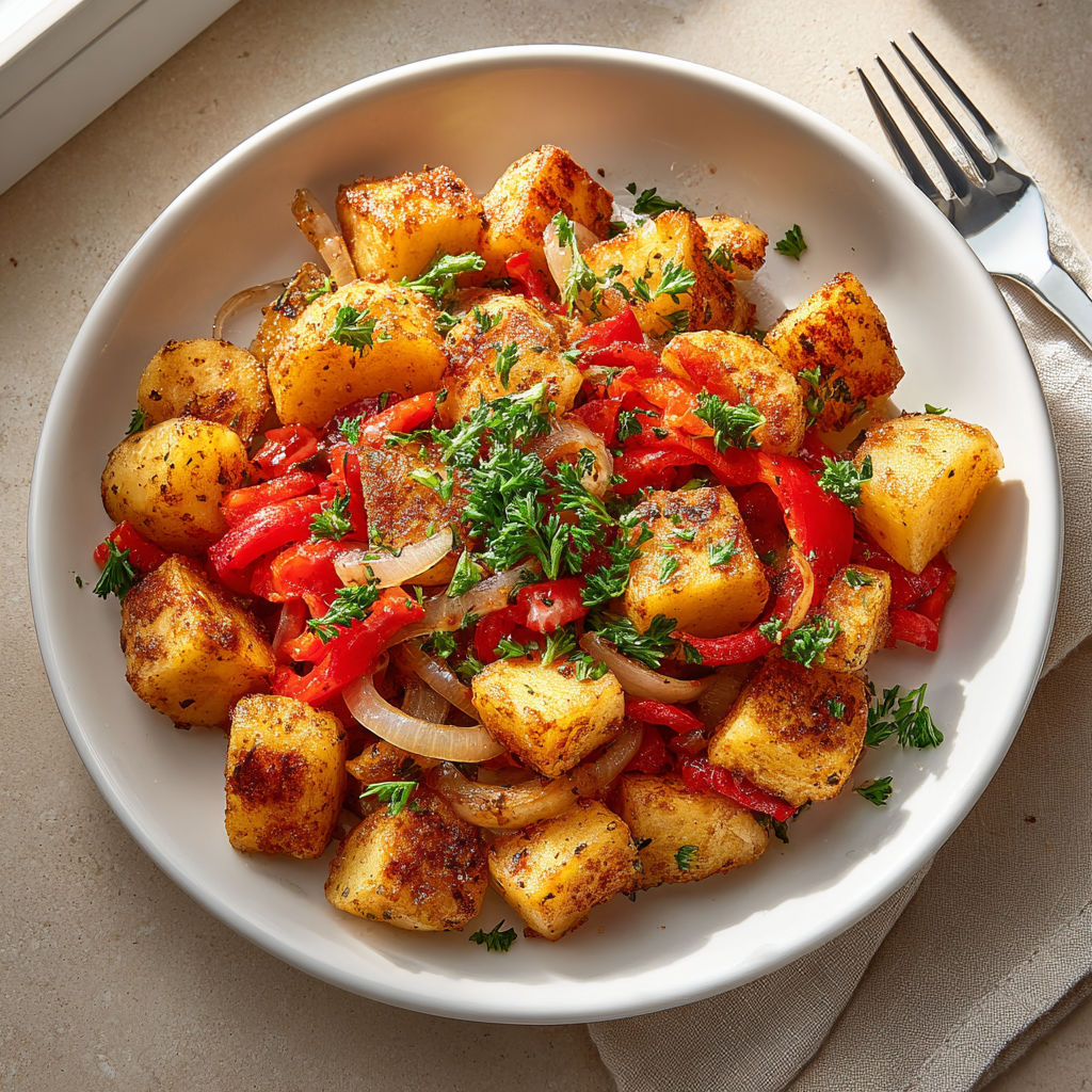 A plate of food with onions and peppers.
