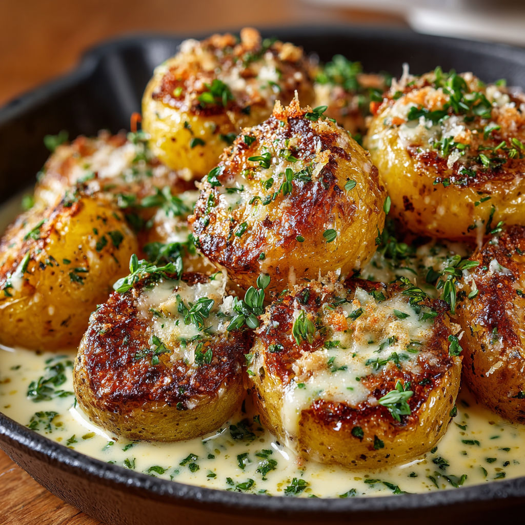 A dish of fried potatoes with cheese and herbs.