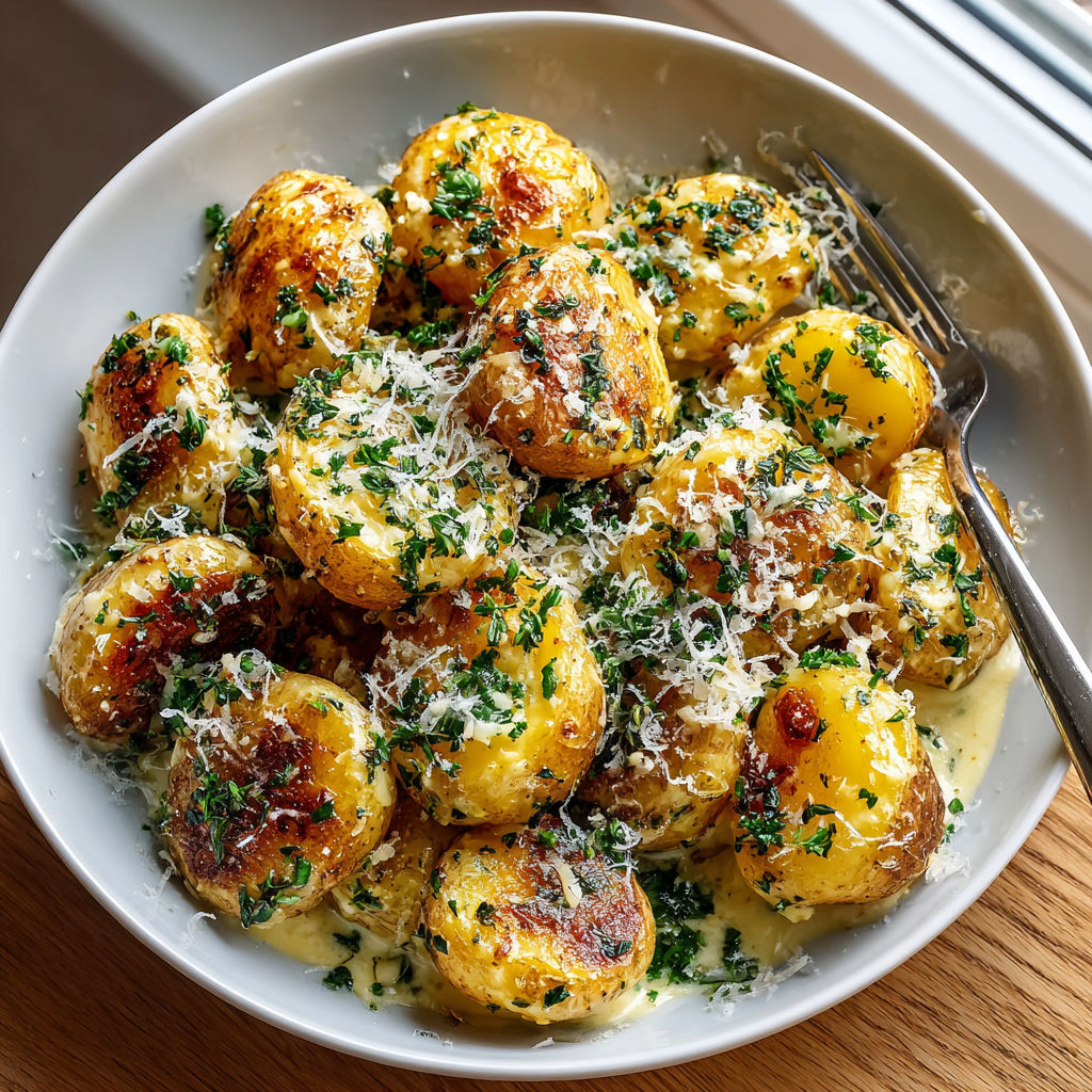 A bowl of potatoes with cheese and herbs.