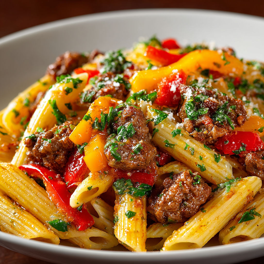A bowl of pasta with meat and vegetables.