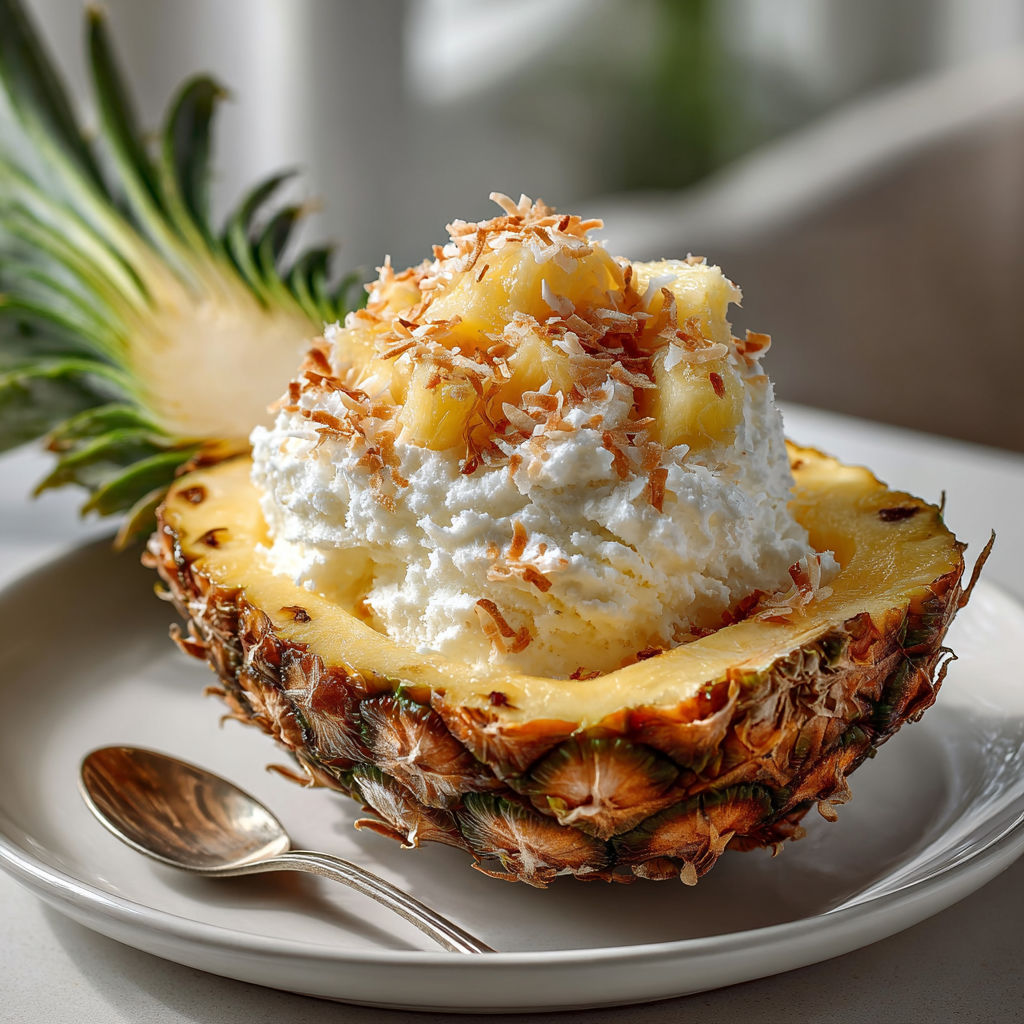 A pineapple with a scoop of ice cream on top.