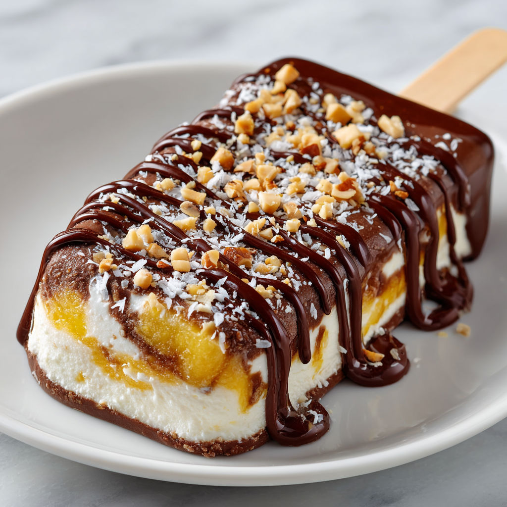 A banana-mango swirl popsicle with chocolate drizzle.