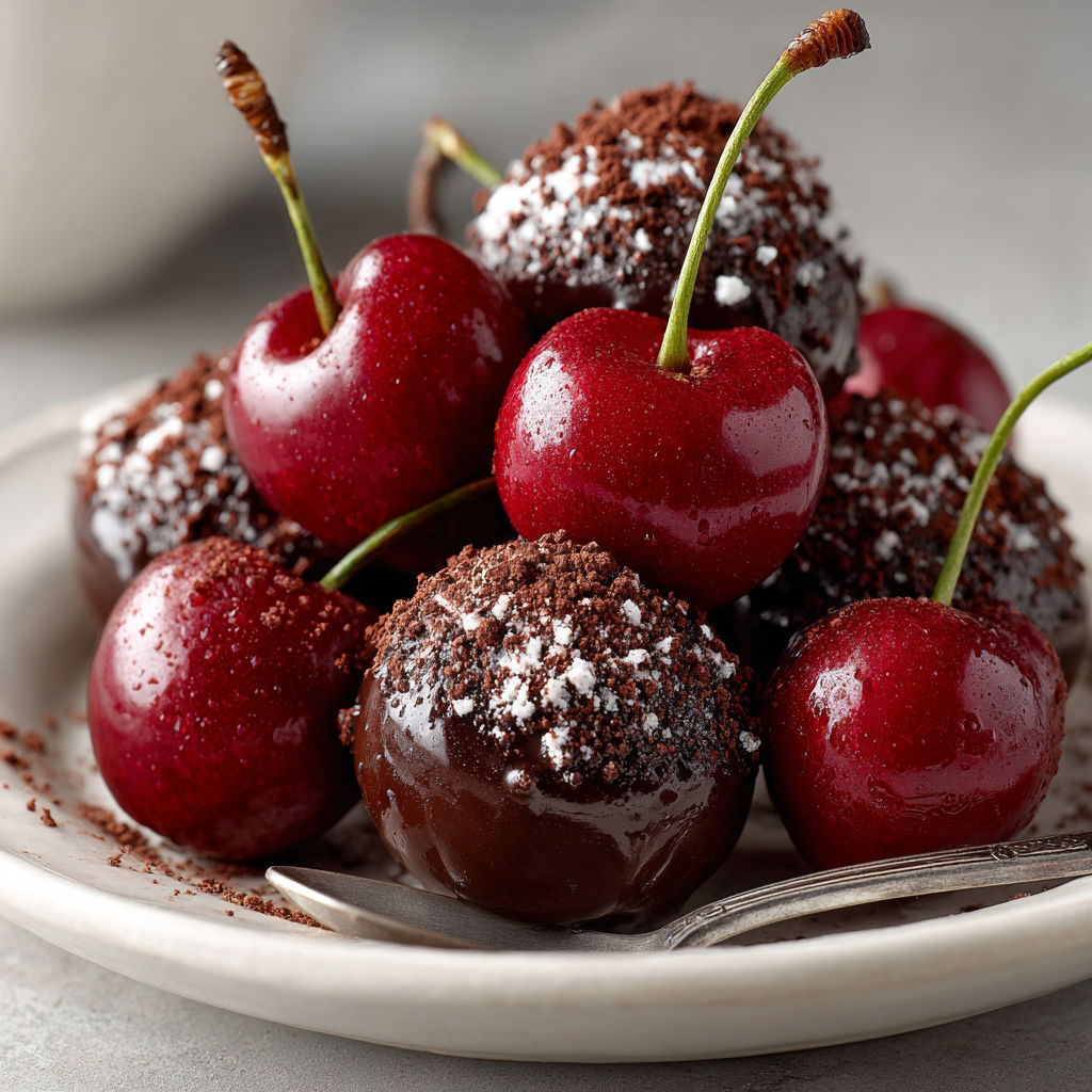 A plate of chocolate covered cherries.