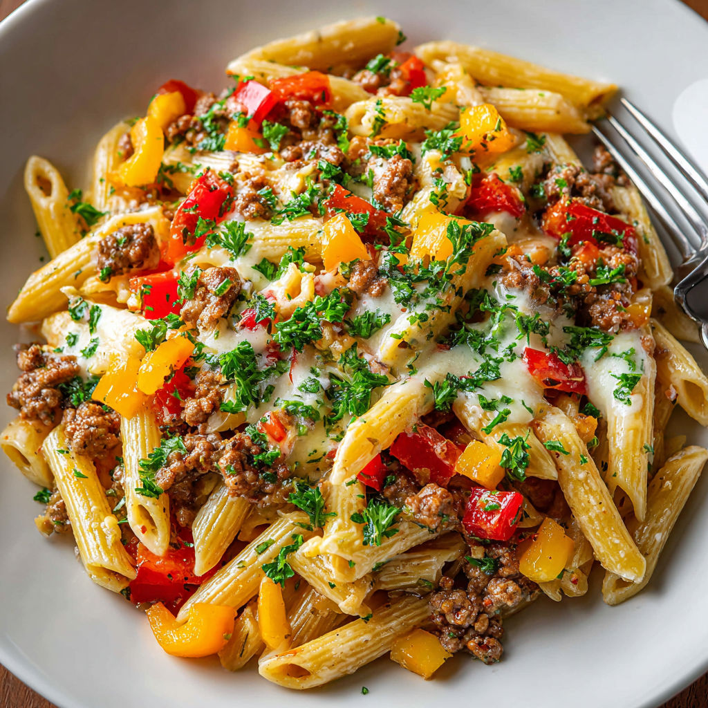 A plate of pasta with meat and vegetables.