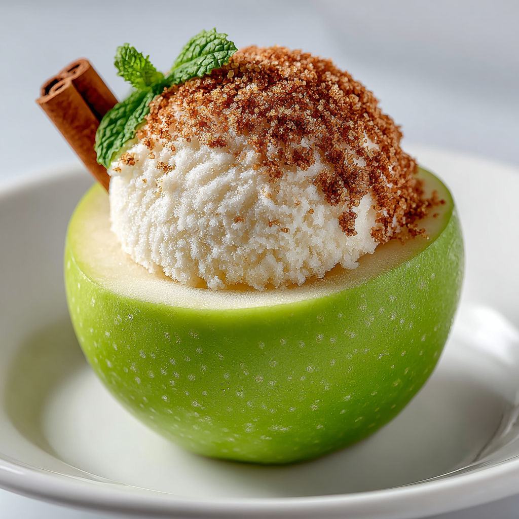 A green apple with a mint leaf on top.