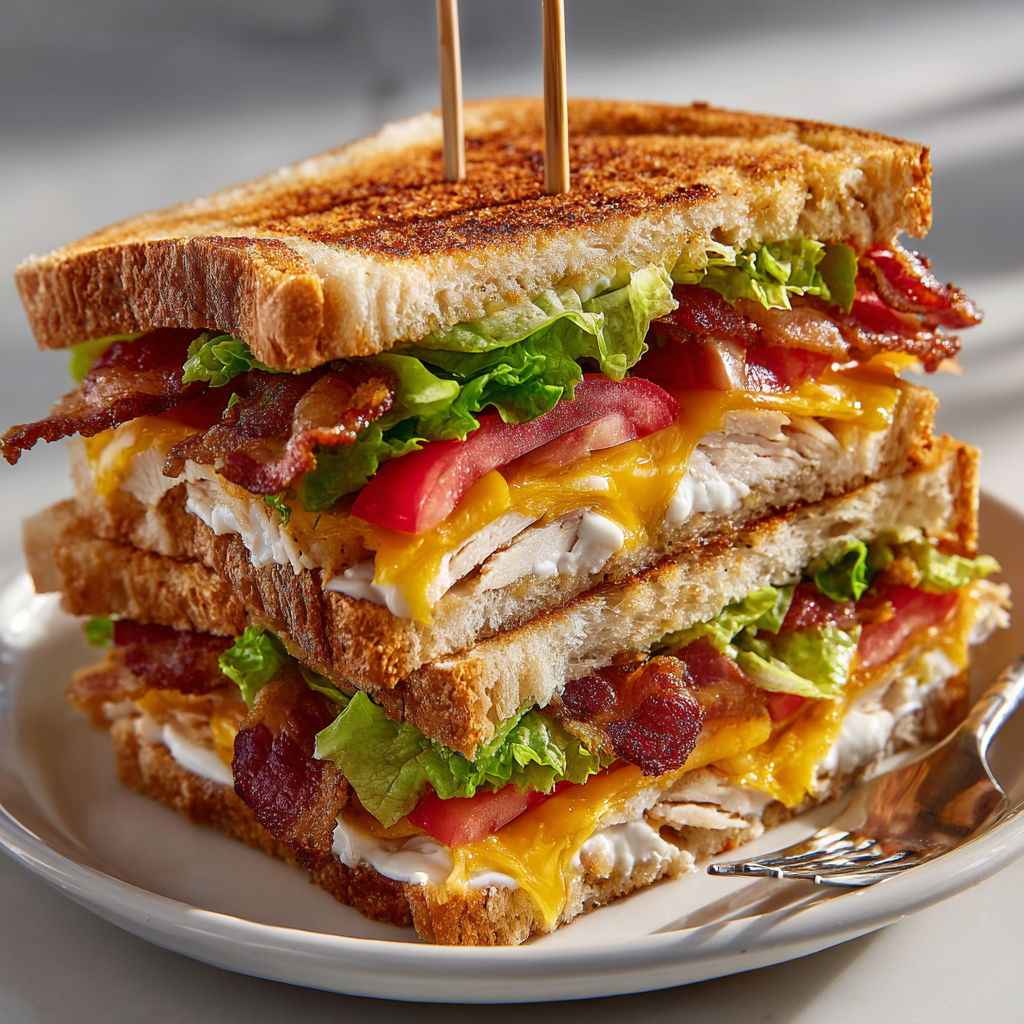 A club sandwich with bacon and lettuce on a plate.