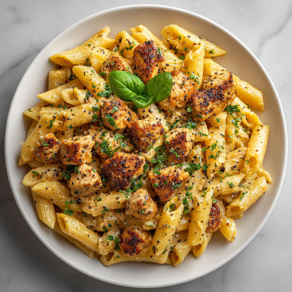 A plate of pasta with chicken and spinach.