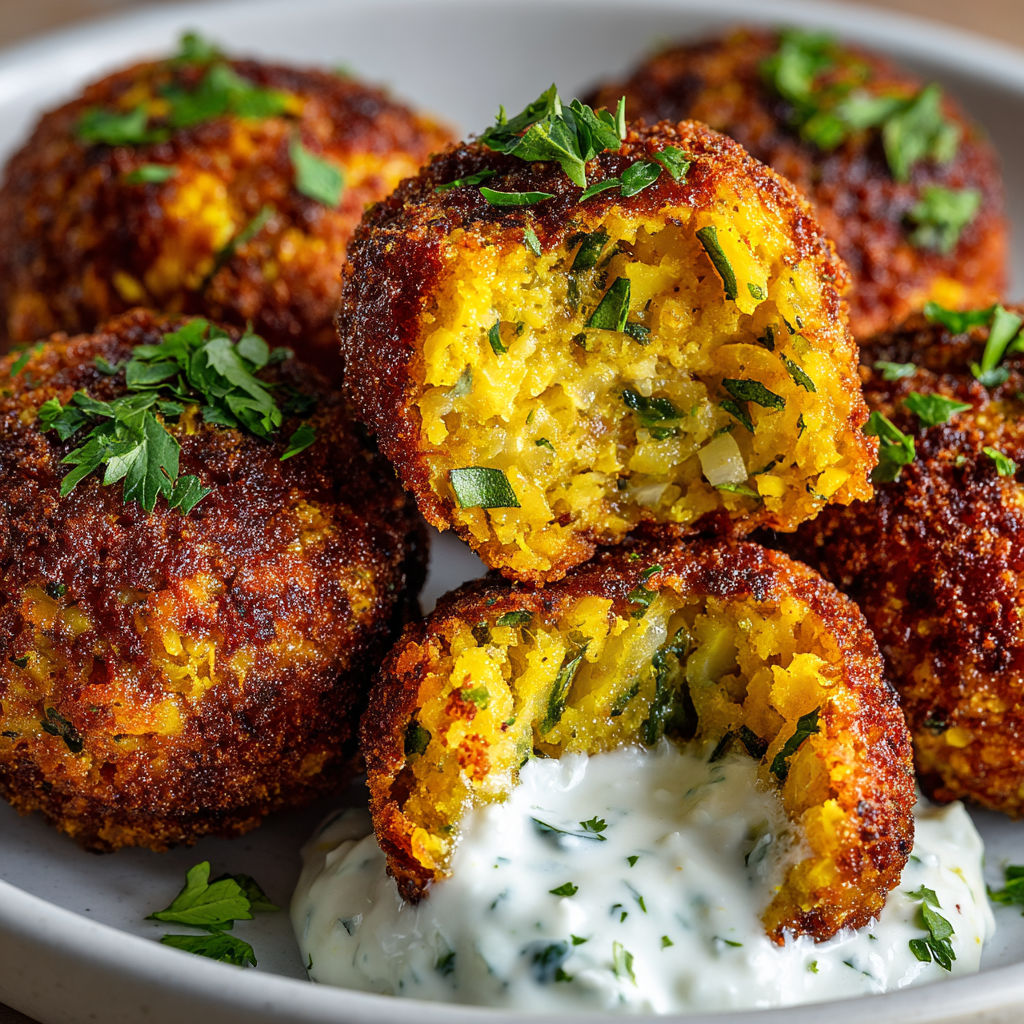 A plate of zucchini puffers with a white sauce.