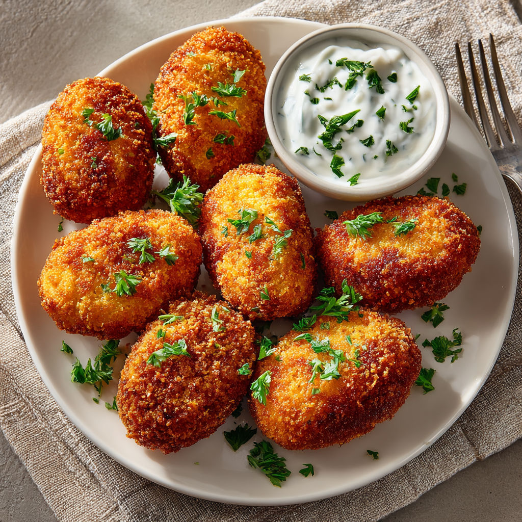 A plate of zucchini puffers with a side of dipping sauce.