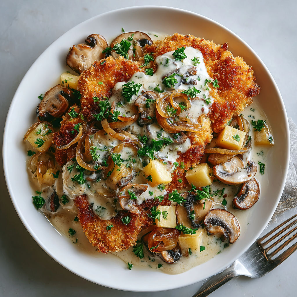 A plate of food with mushrooms and onions.