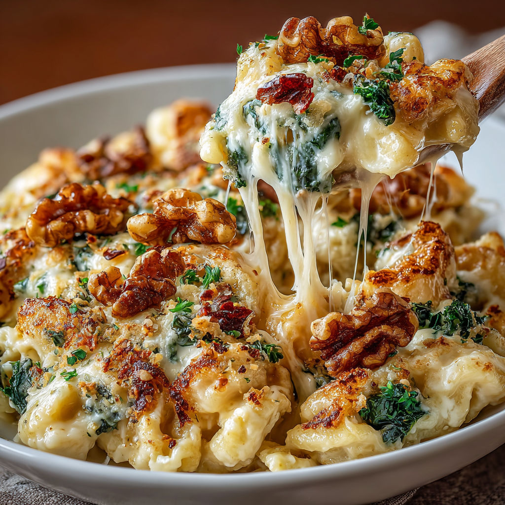 A bowl of macaroni and cheese with walnuts.