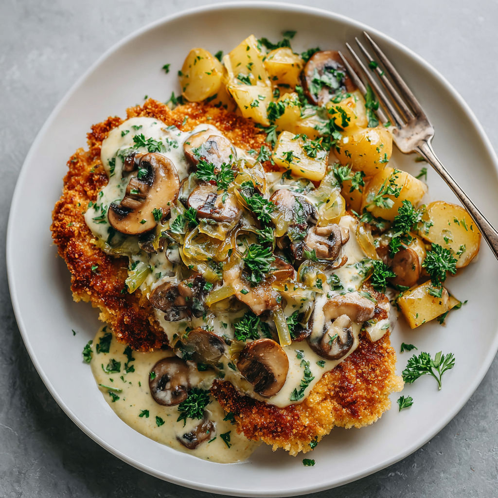 A plate of food with mushrooms and potatoes.