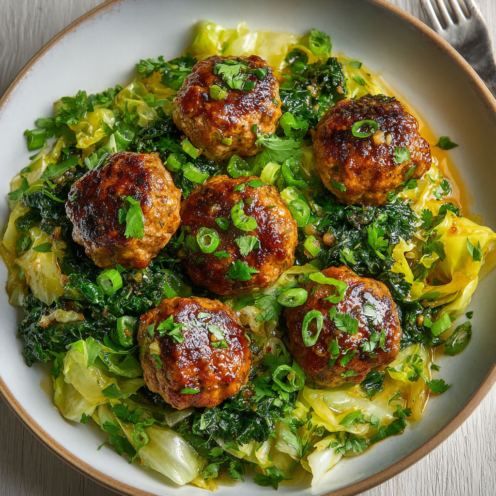 A plate of food with meatballs and greens.
