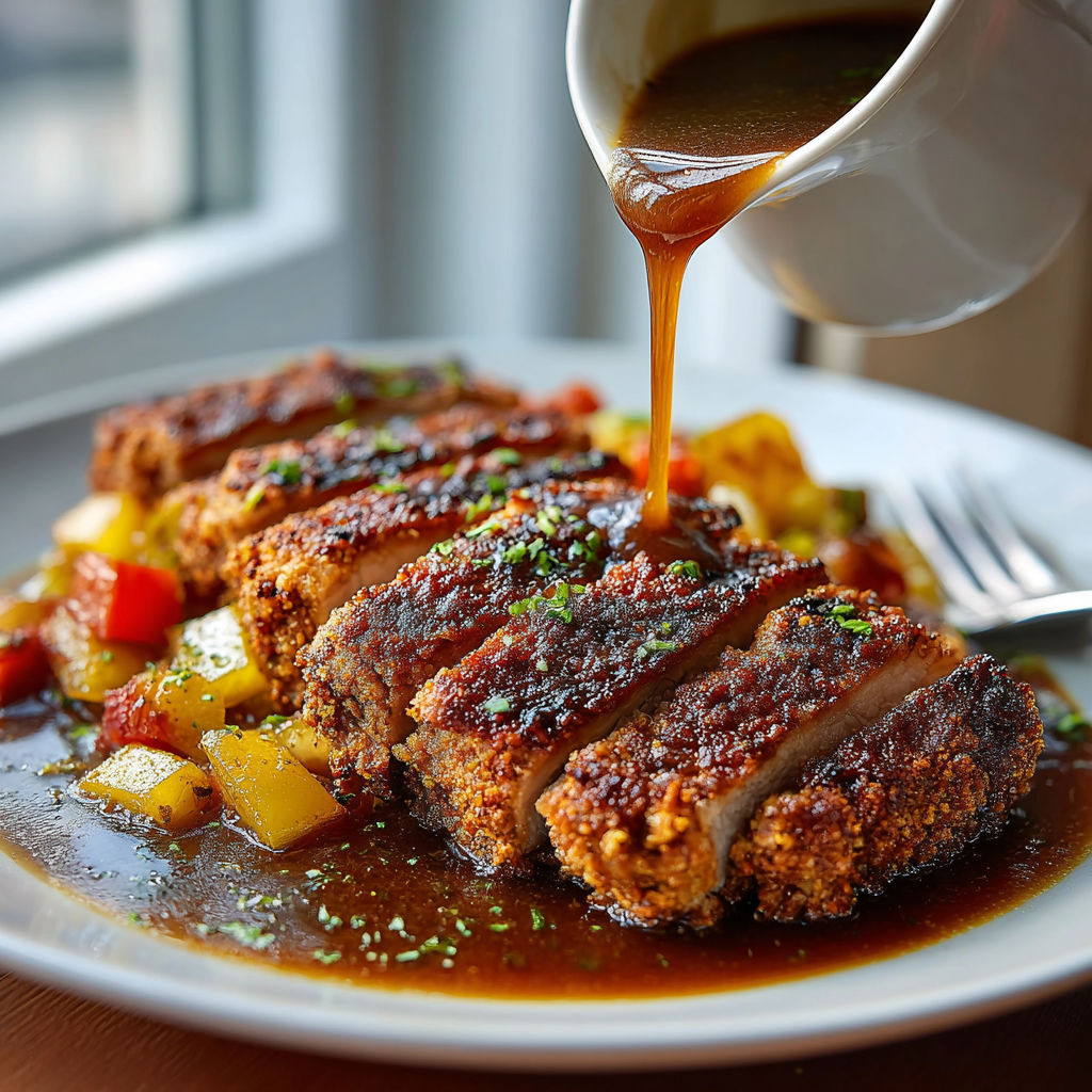 A plate of food with sauce being poured over it.