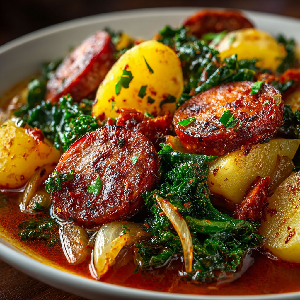 A bowl of food with sausage and potatoes.