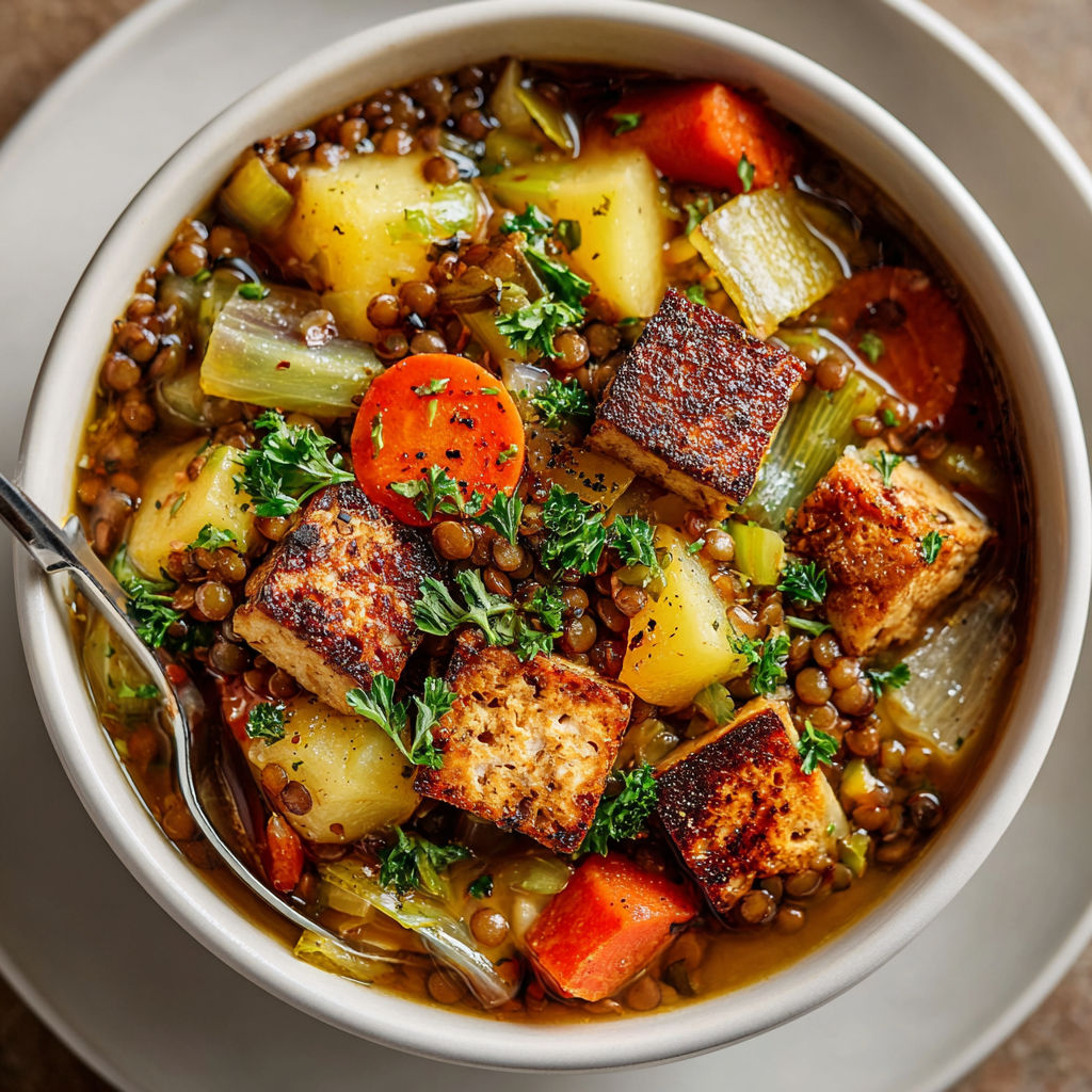 A bowl of soup with tofu, carrots, and lentils.