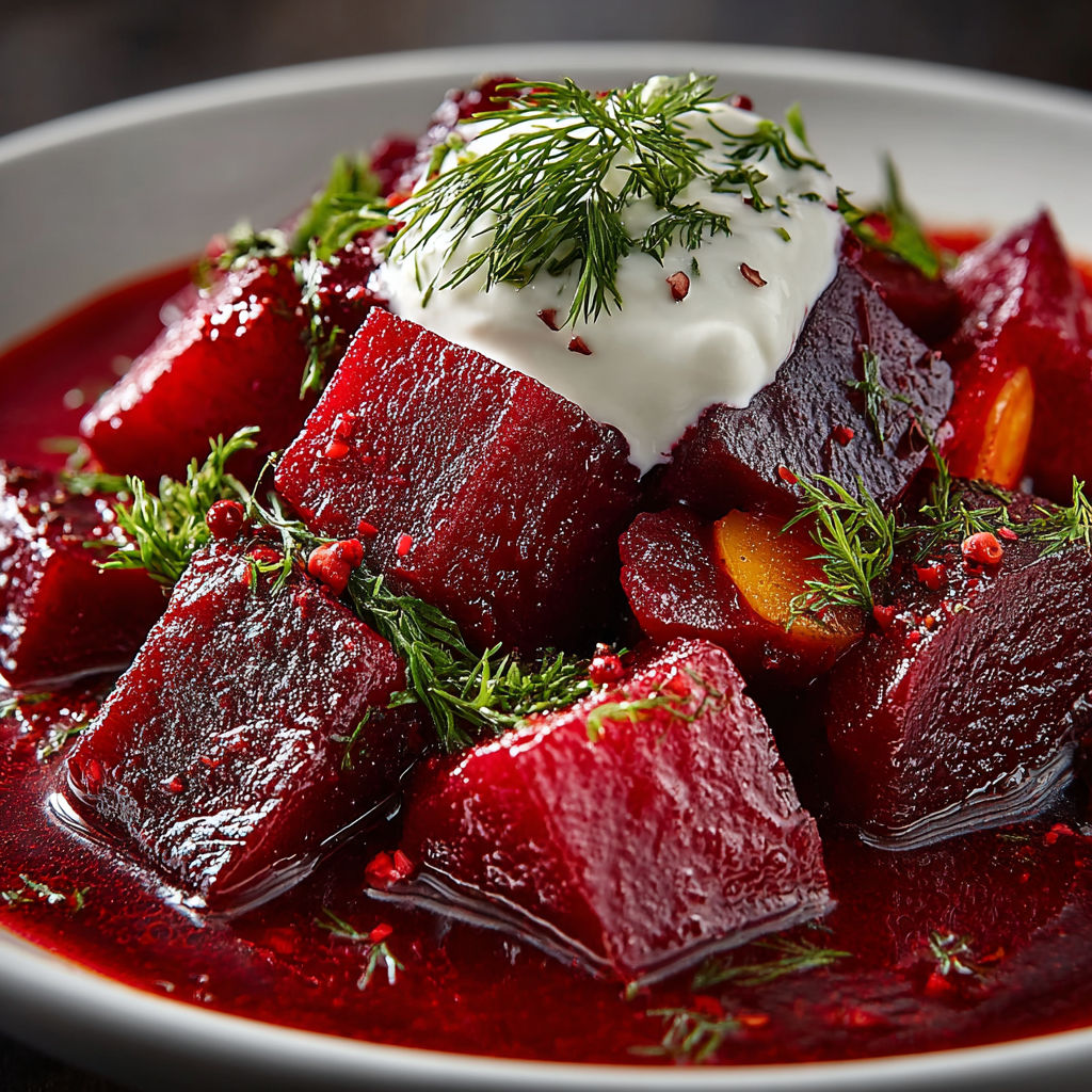 A plate of food with red beets and white cream.