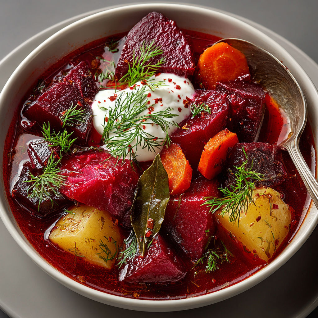 A bowl of soup with vegetables and cream.