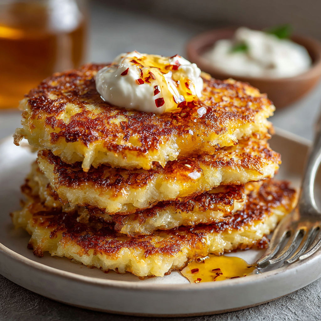A stack of pancakes with a dollop of sour cream on top.