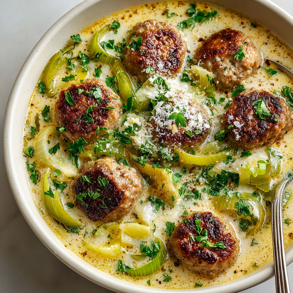 A bowl of food with meatballs and vegetables.