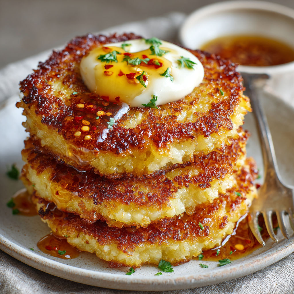 A stack of fried potatoes with a dollop of apple dip and chili honey.