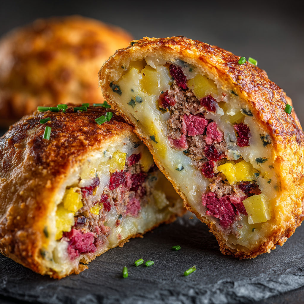 A close up of a pastry with meat and vegetables.