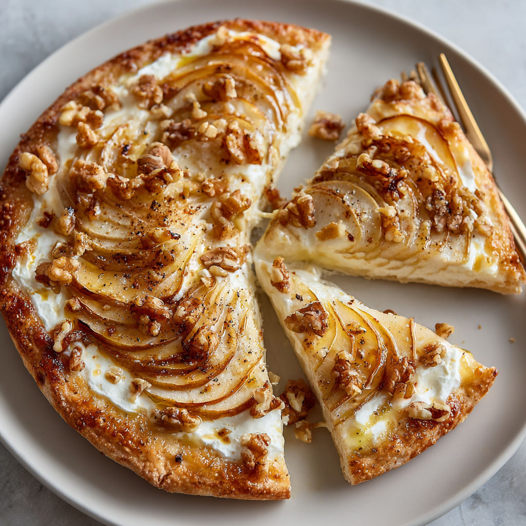 A slice of flammkuchen with apples and walnuts.