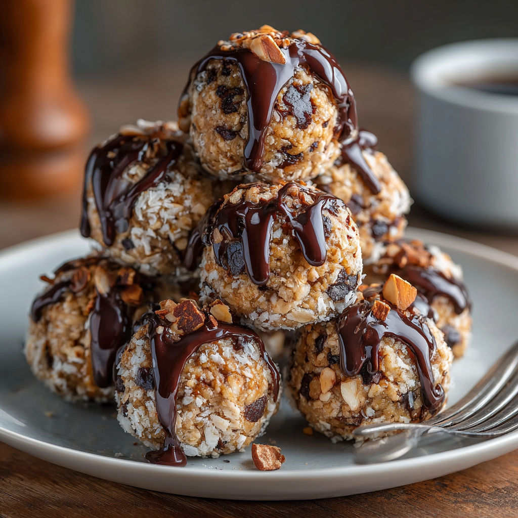 A plate of energy balls with chocolate drizzle.