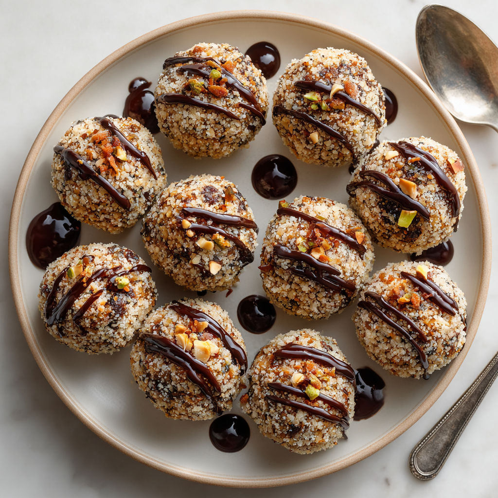 A plate of Lebkuchen Energy Balls with Dark Chocolate Drizzle.