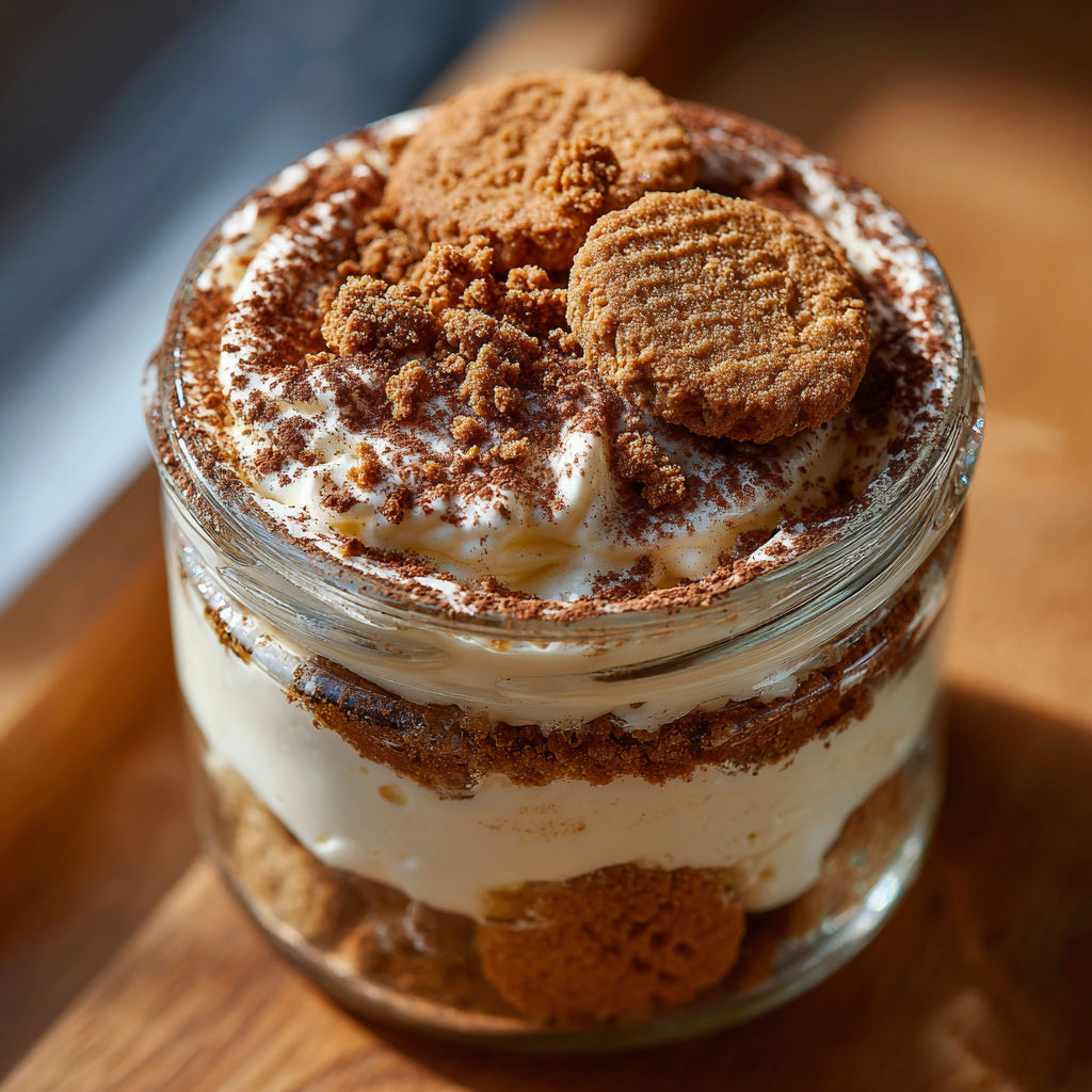 A jar of Tiramisu with a cookie on top.