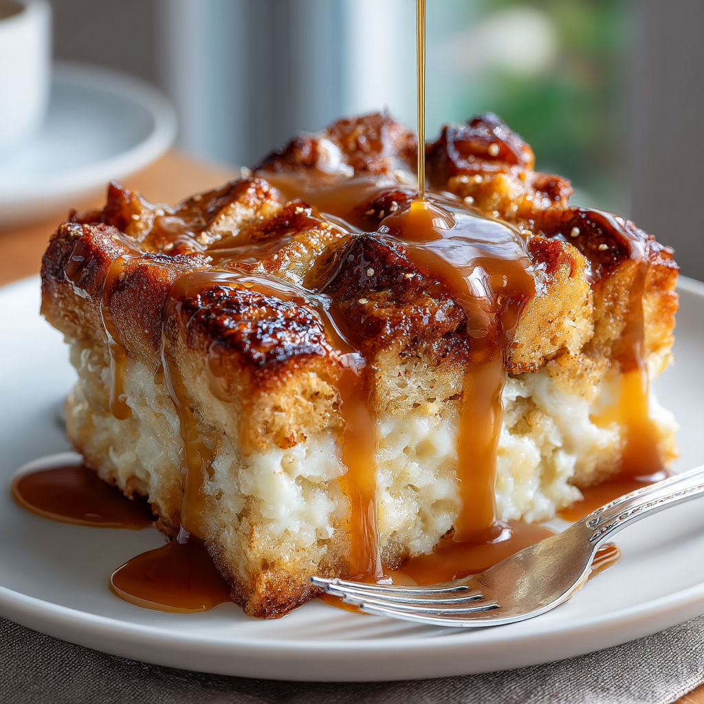 A slice of German Pretzel Bread Pudding with Caramel Sauce.