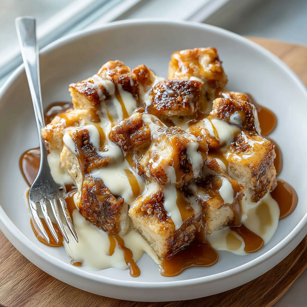 A plate of German Pretzel Bread Pudding with Caramel Sauce.