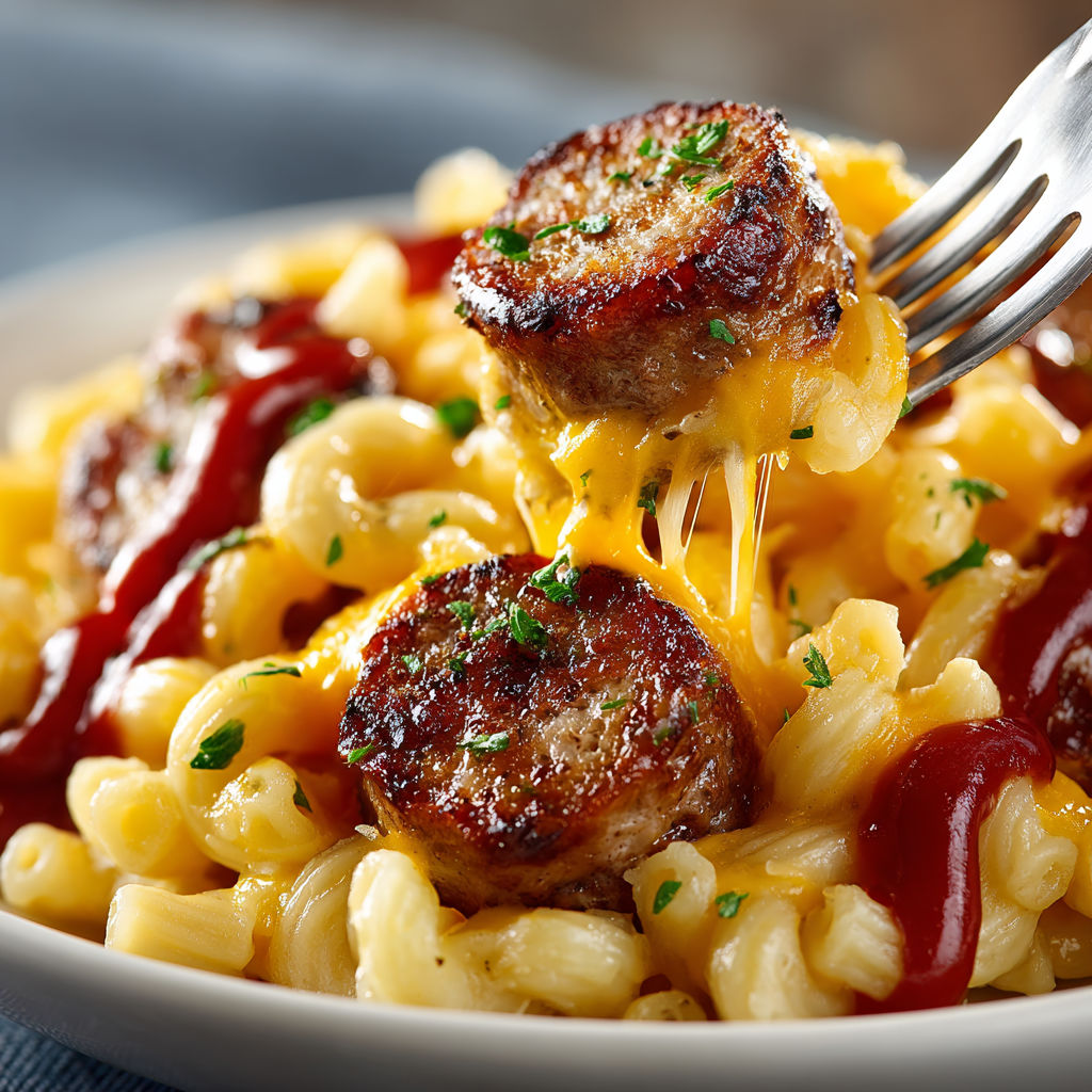 A plate of currywurst mac and cheese.