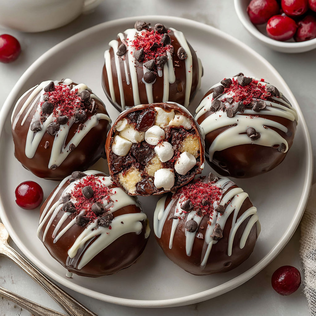 A plate of chocolate covered marshmallows.