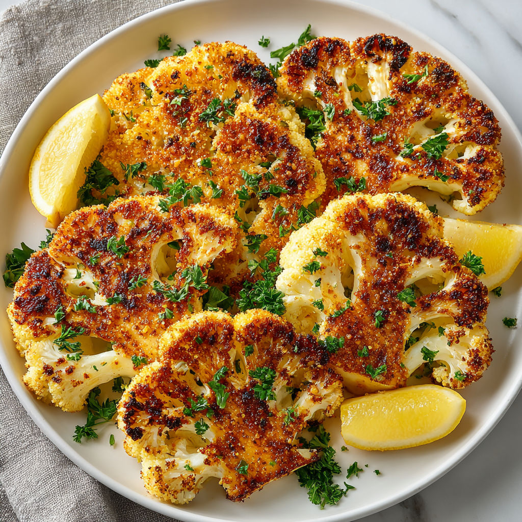 A plate of cauliflower steaks with lemon wedges on top.