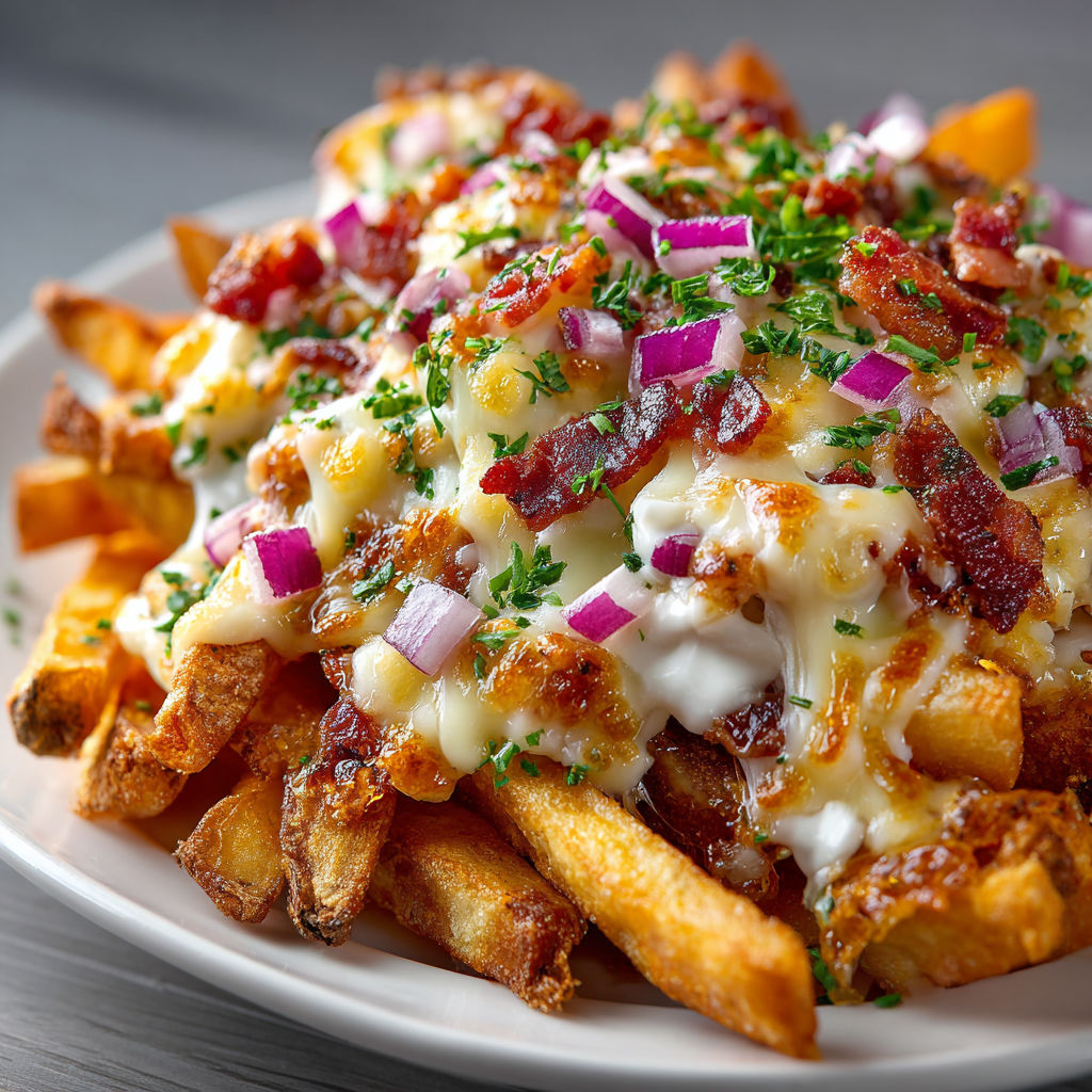 A plate of loaded fries with cheese and onions.