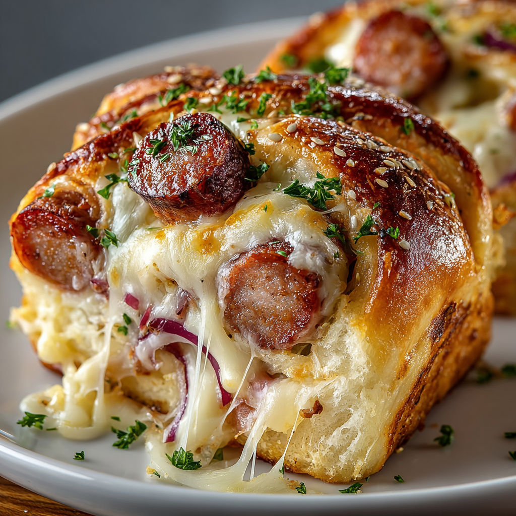 A plate of bratwurst and sauerkraut pizza rolls.
